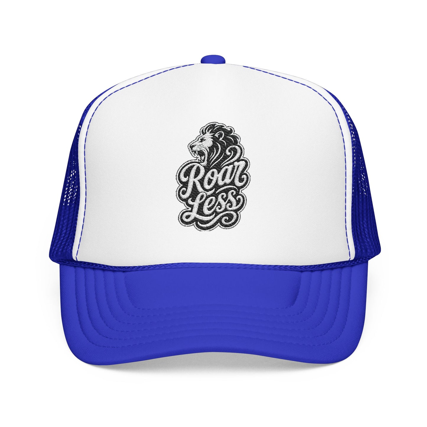 Blue and white trucker hat with embroidered lion and "Roar Less" text.