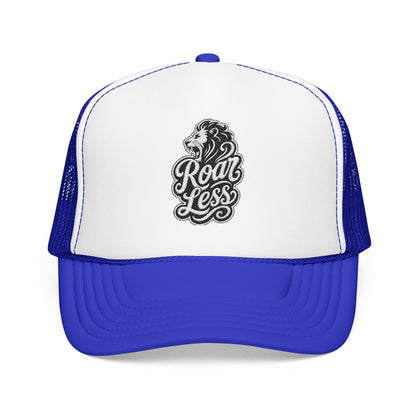 Blue and white trucker hat with embroidered lion and "Roar Less" text.
