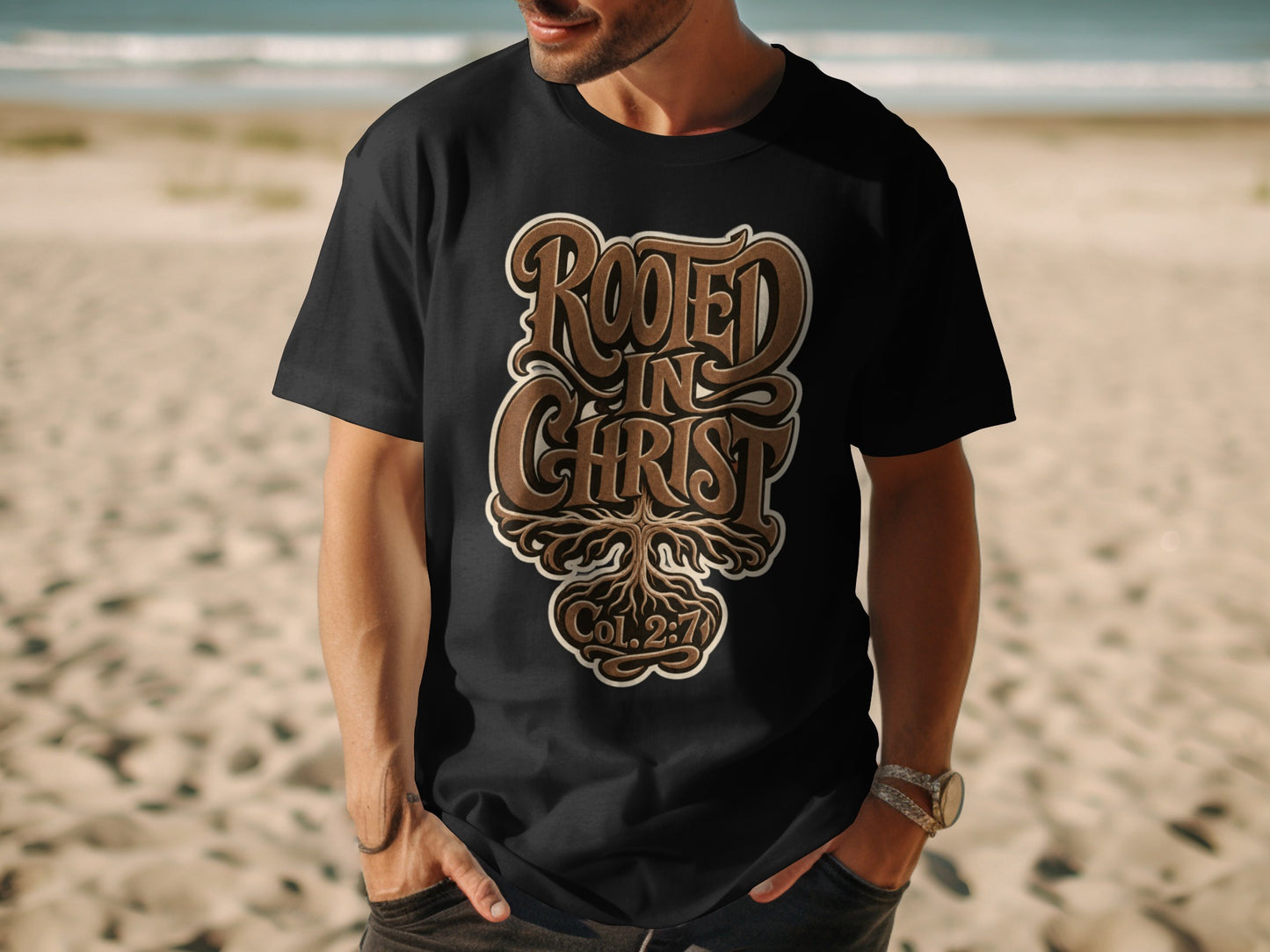 Black t-shirt with "Rooted in Christ" and "Col. 2:7" text graphic.