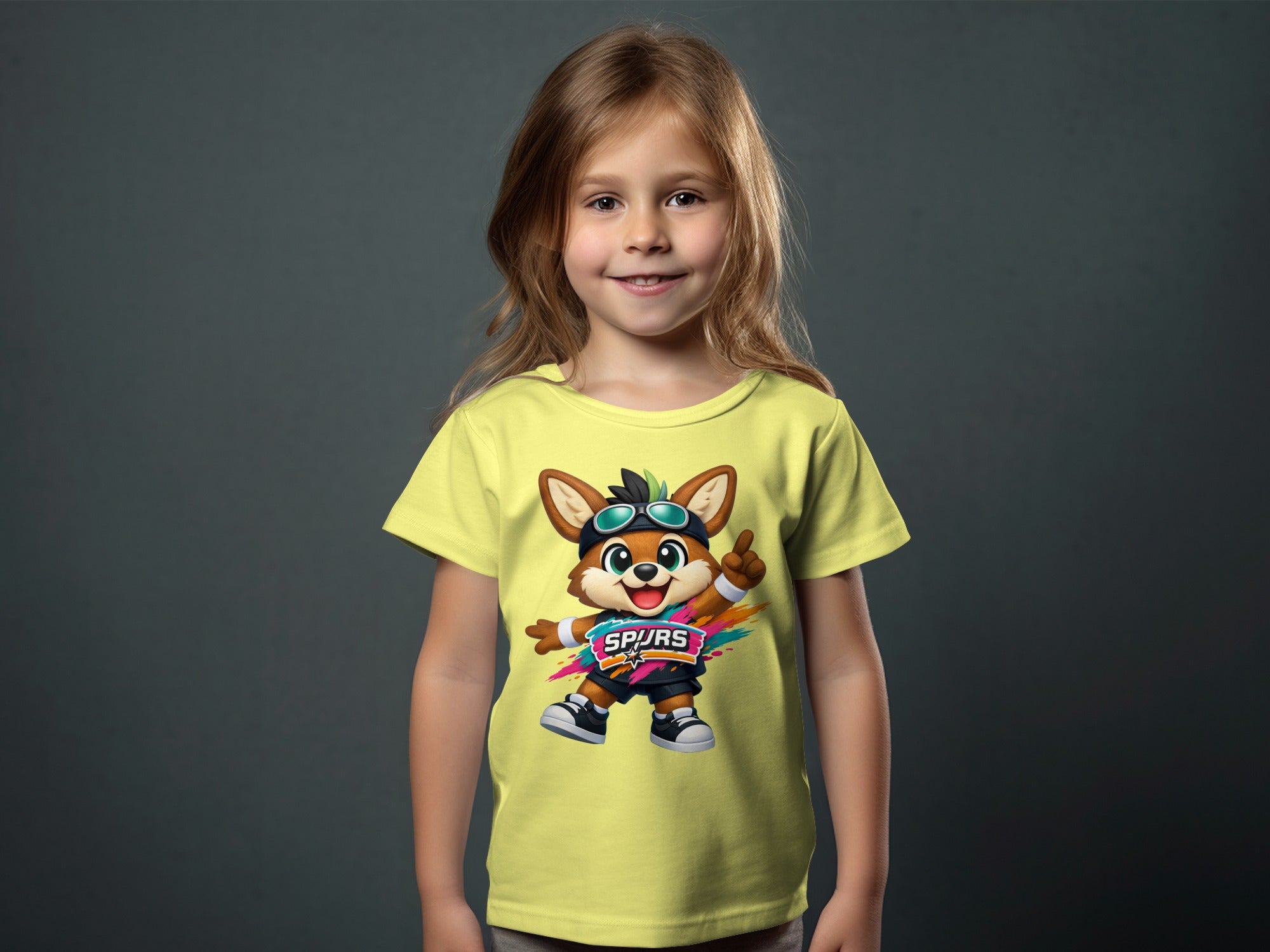Child in yellow t-shirt featuring a cartoon fox character with goggles and "SPURS" text.