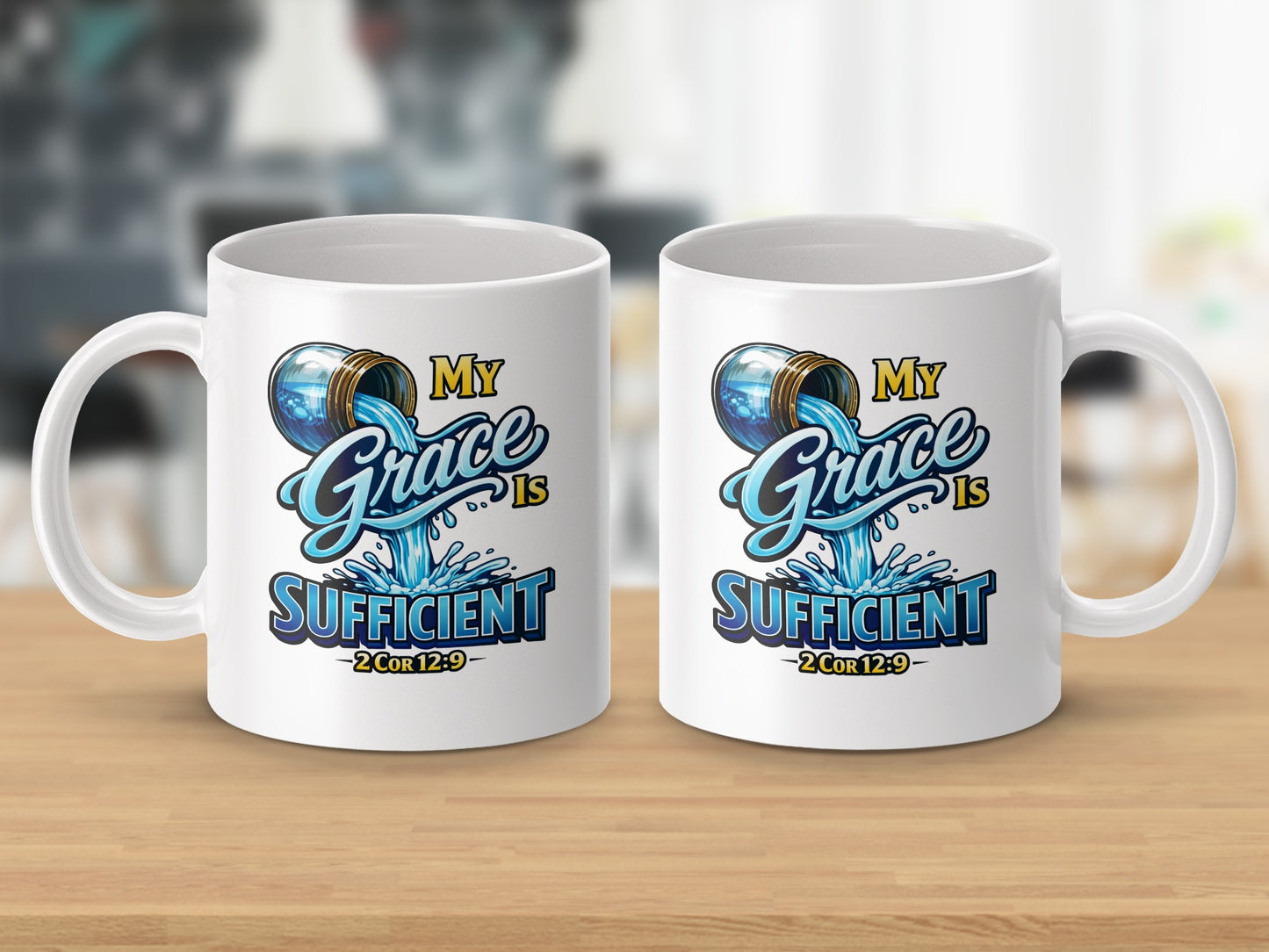 Two white mugs with "My Grace Is Sufficient 2 Cor 12:9" text design.