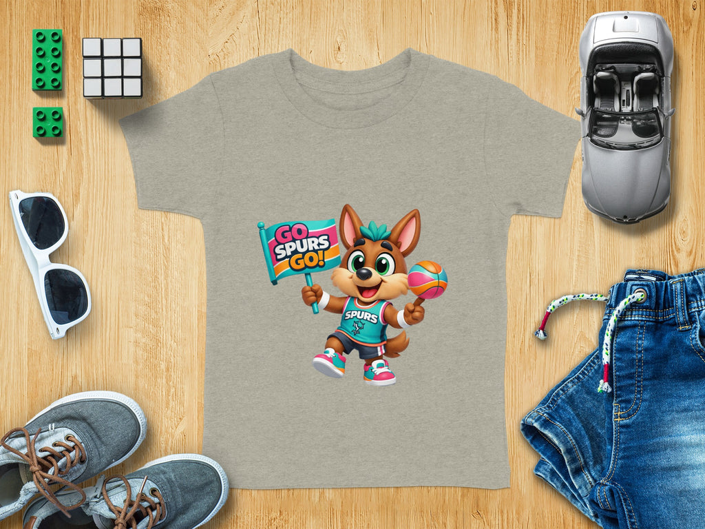 Cartoon dog character on grey t-shirt holding "GO SPURS GO!" flag and basketball.