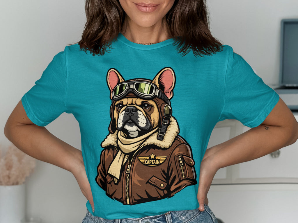 French bulldog in aviator goggles and jacket with "CAPTAIN" text.