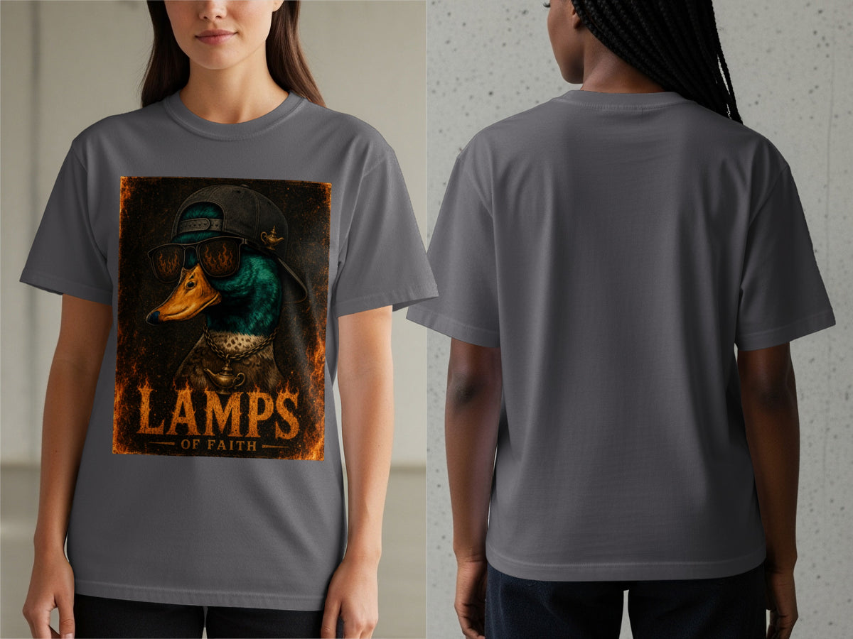 T-shirt with a graphic of a duck wearing sunglasses and a hat, text reads "Lamps of Faith."