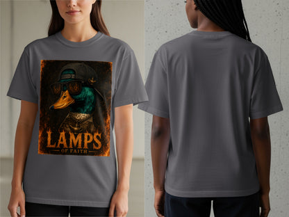 T-shirt with a graphic of a duck wearing sunglasses and a hat, text reads "Lamps of Faith."