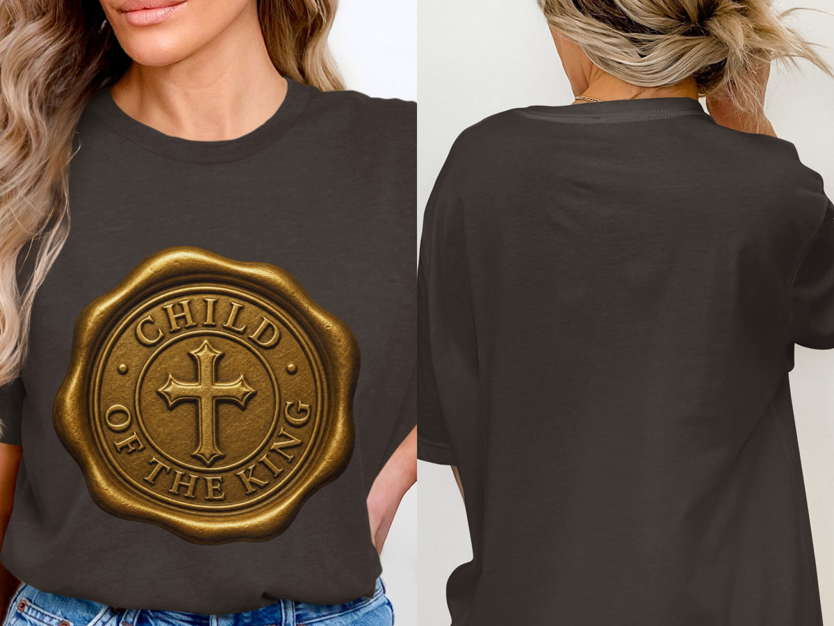 Dark t-shirt with gold seal featuring a cross and text "CHILD OF THE KING".