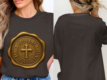 Dark t-shirt with gold seal featuring a cross and text "CHILD OF THE KING".