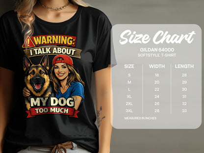 Black t-shirt with "Warning: I Talk About My Dog Too Much" graphic and size chart.