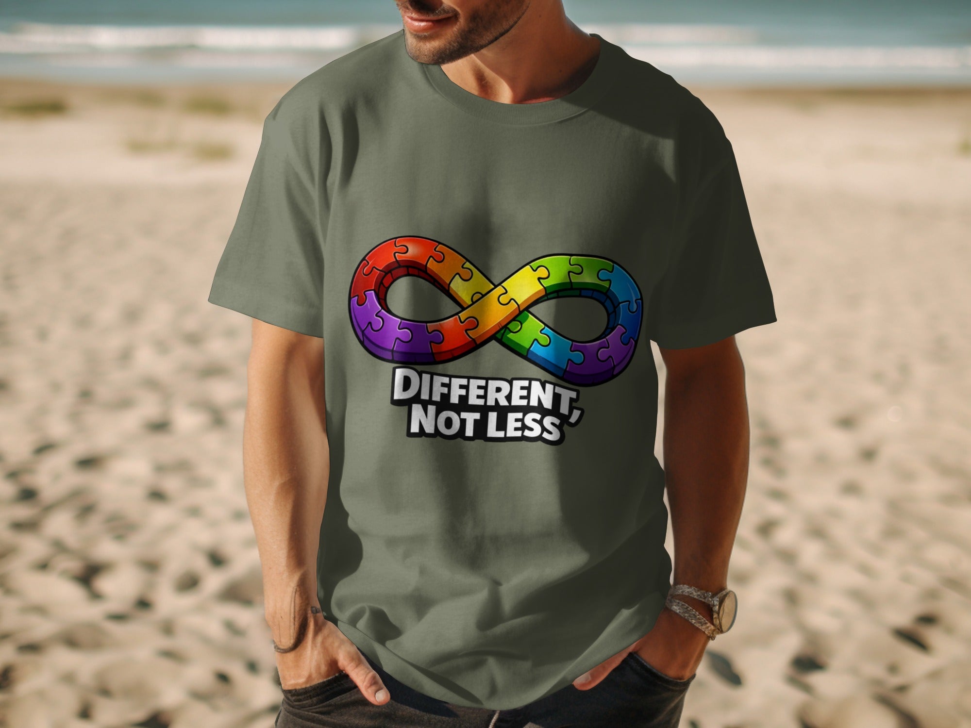 Man in grey t-shirt with rainbow puzzle infinity symbol and "Different, Not Less" text.