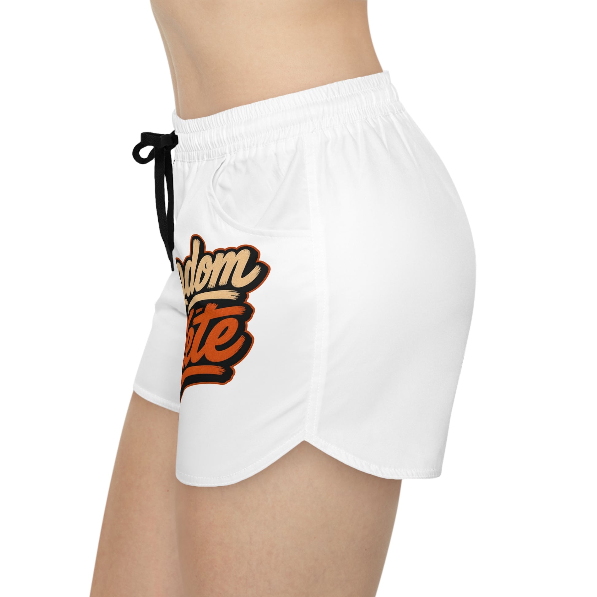 White athletic shorts with black drawstring and orange and tan text "Random Date".