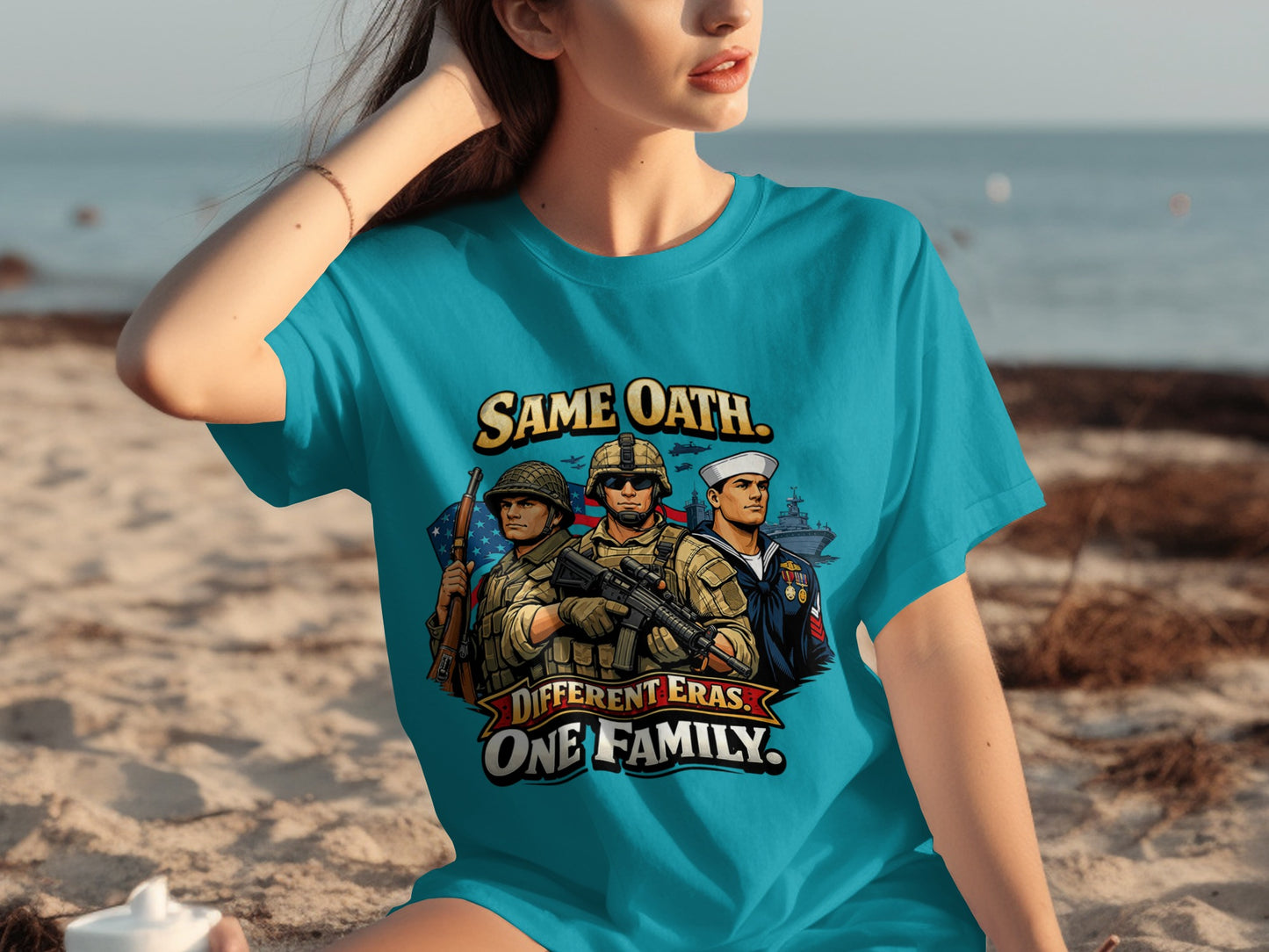 Three servicemen with text "SAME OATH. DIFFERENT ERAS. ONE FAMILY." on a teal t-shirt.