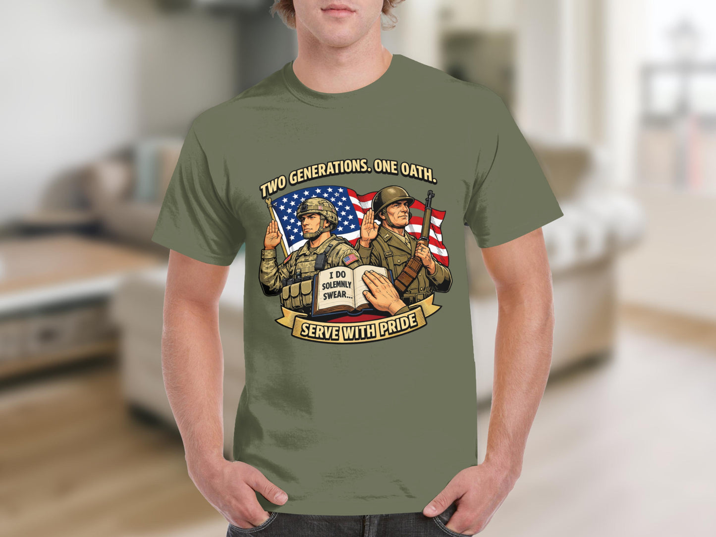 Two generations, one oath graphic with soldiers on an olive green shirt.