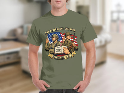 Two generations, one oath graphic with soldiers on an olive green shirt.