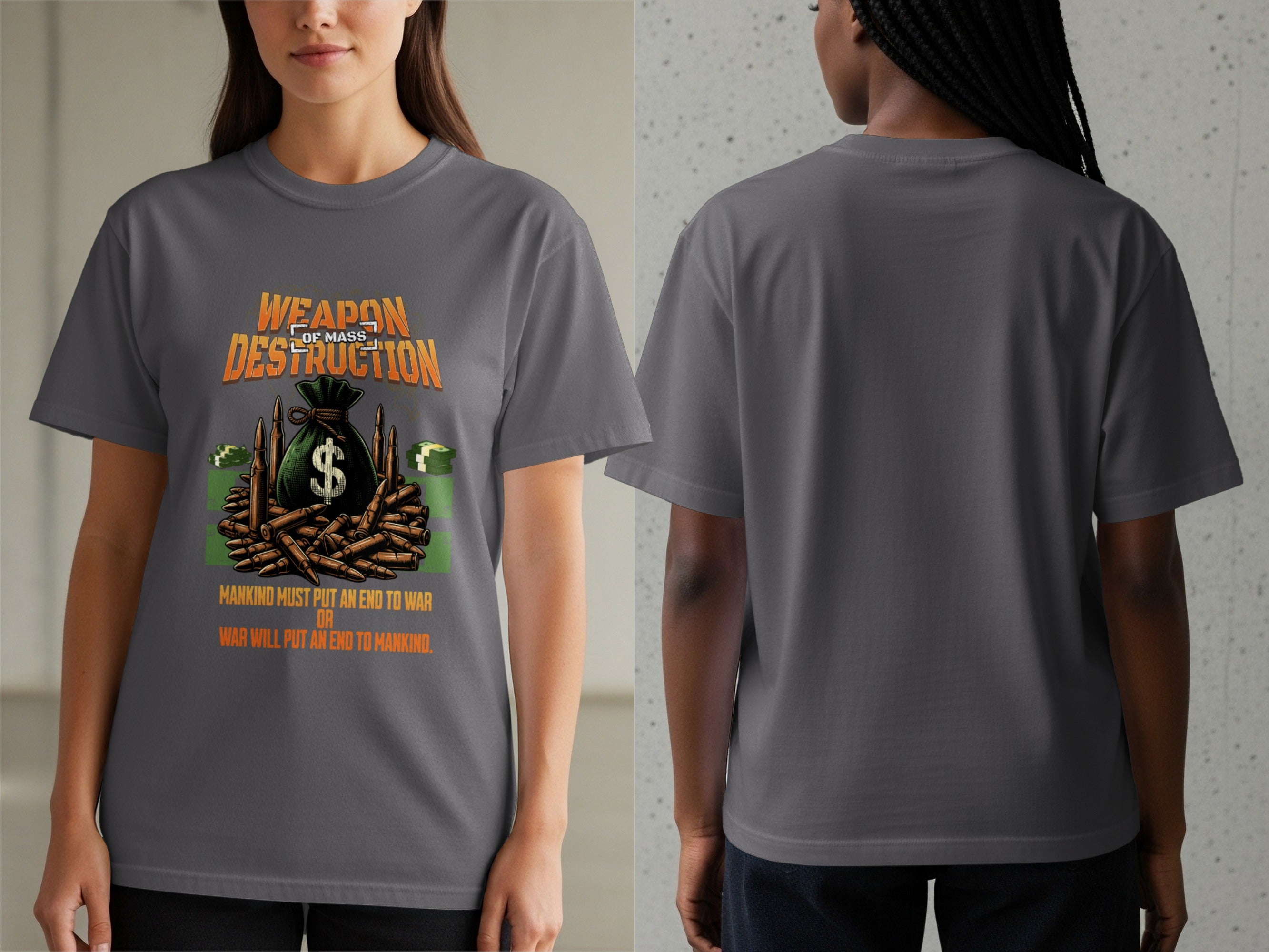 T-shirt with "Weapon of Mass Destruction" graphic, money bag, bullets, and text.
