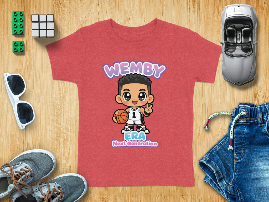 Red t-shirt with cartoon basketball player graphic and text "WEMBY ERA Next Generation".