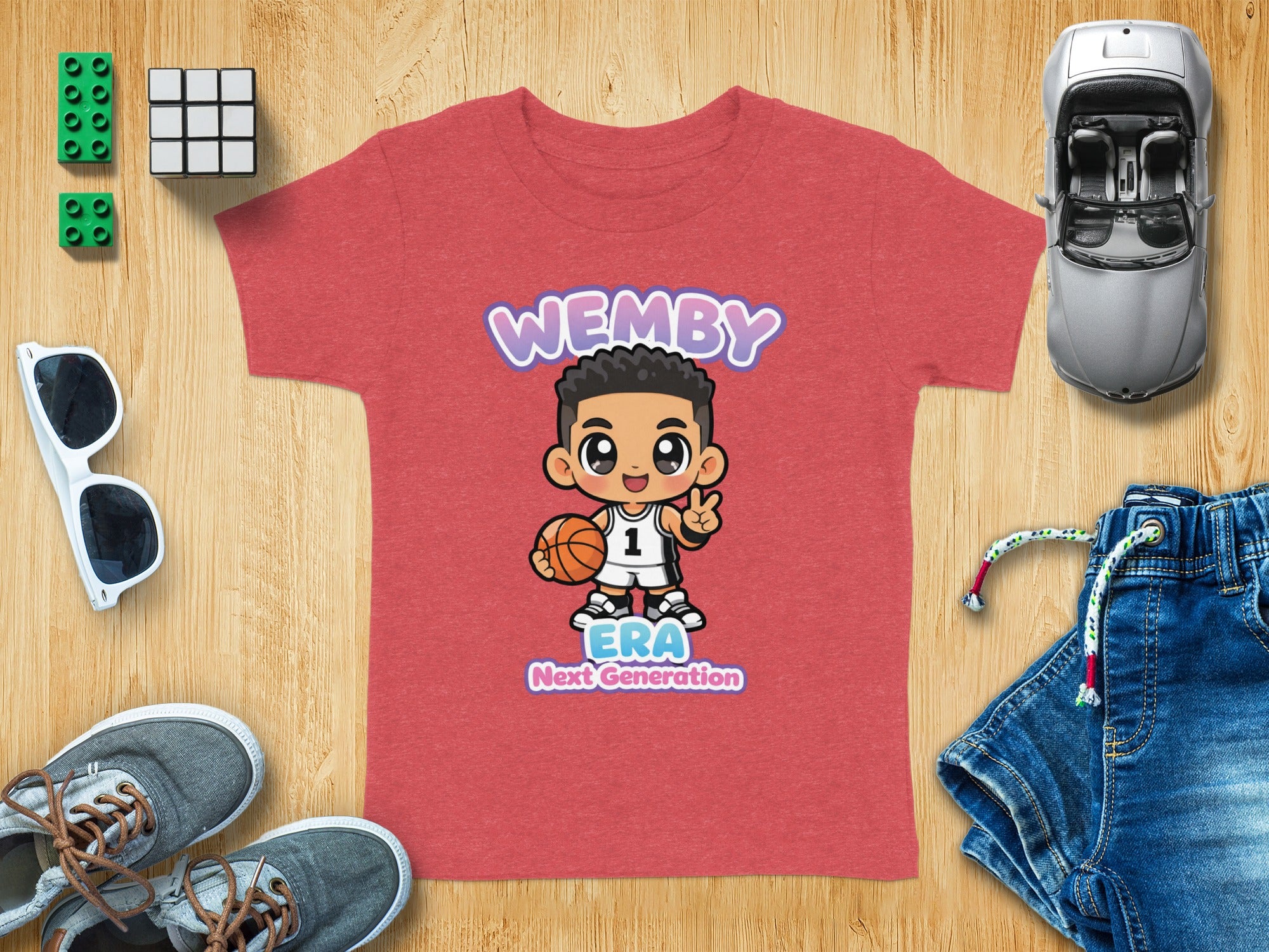 Red t-shirt with cartoon basketball player graphic and text "WEMBY ERA Next Generation".