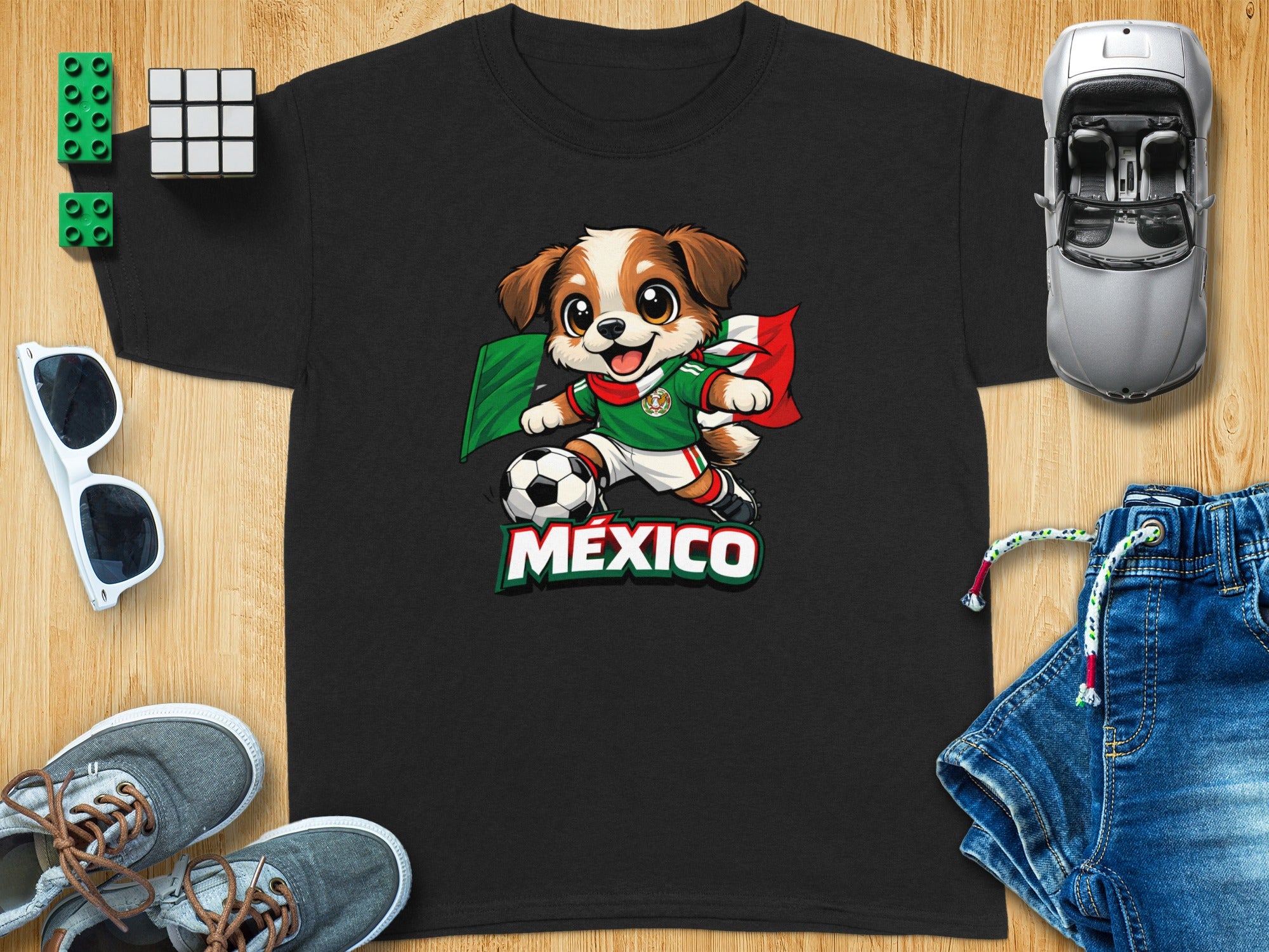 Black t-shirt with cartoon dog in Mexican soccer uniform with the word MÉXICO.