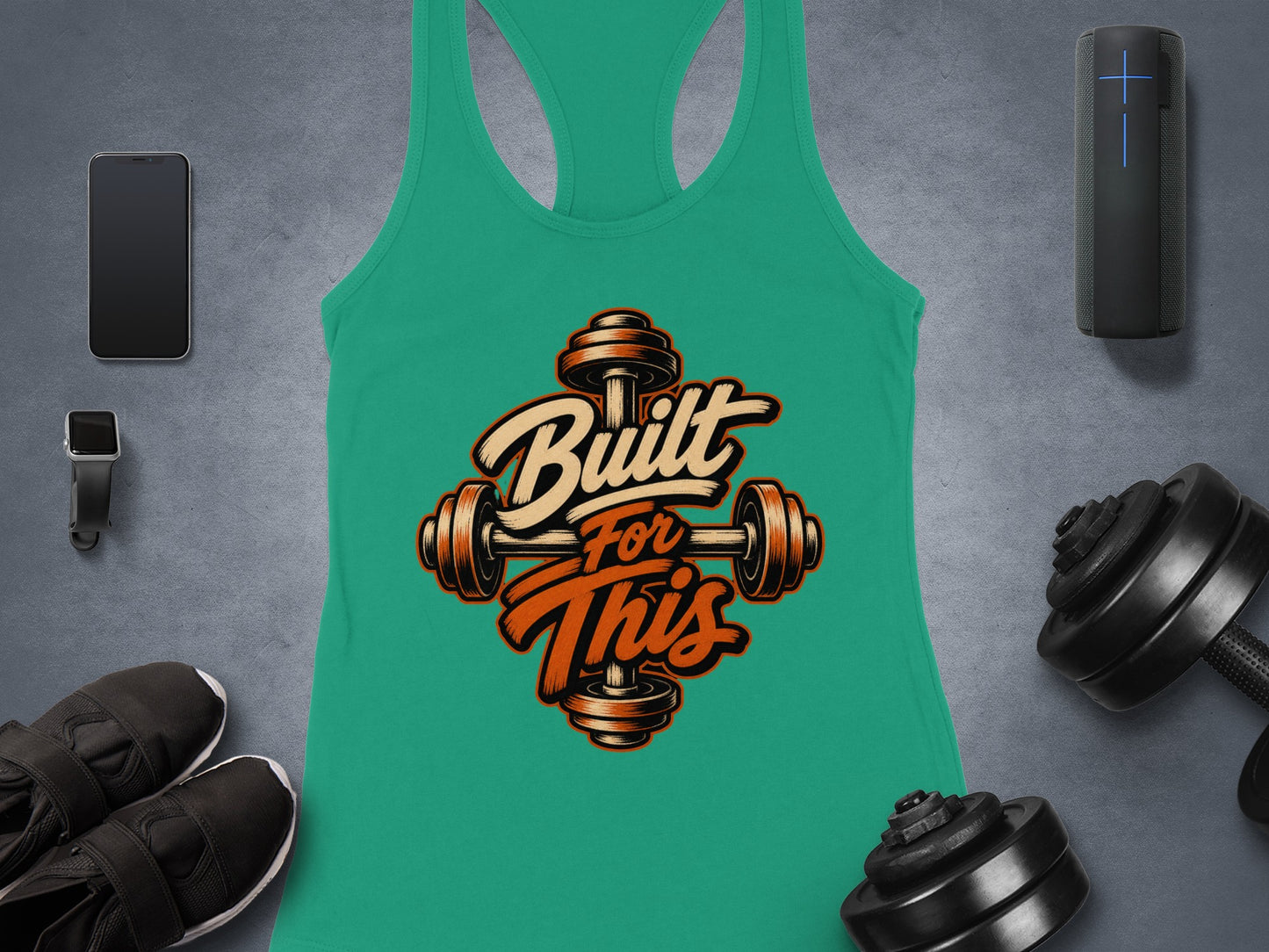 Teal tank top with "Built For This" text and dumbbell graphic.