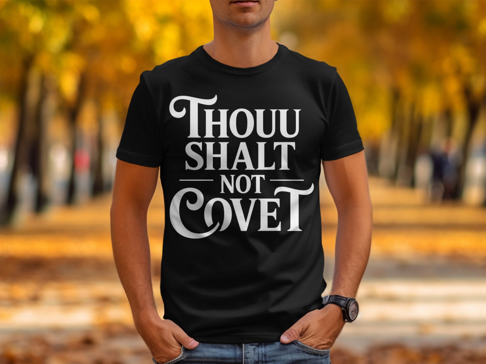 Black t-shirt with white text reading "THOUU SHALT NOT COVE".