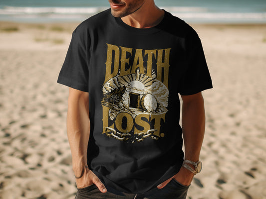 Black t-shirt with gold text "DEATH LOST" and tomb graphic.