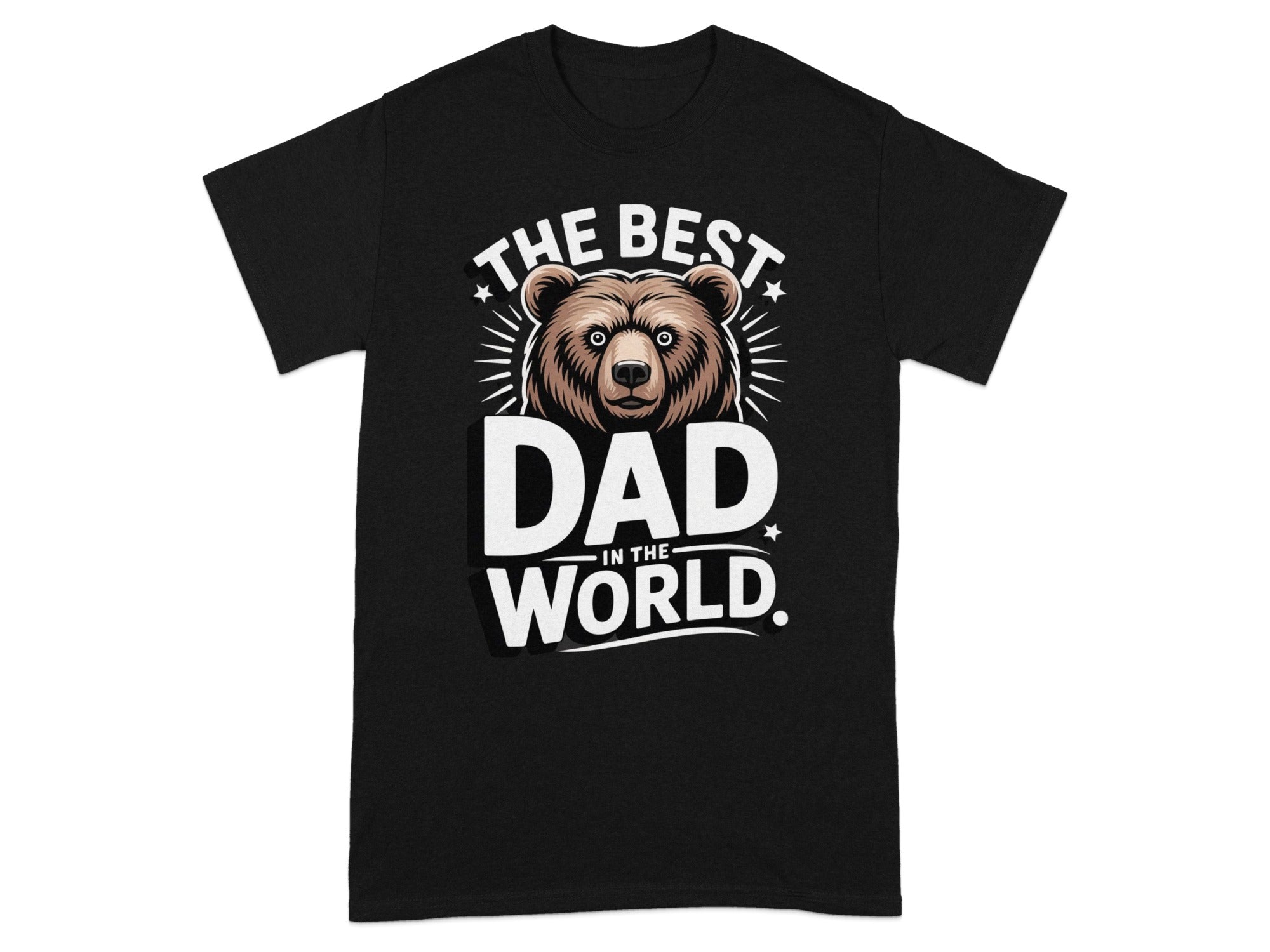 Black t-shirt with text "THE BEST DAD IN THE WORLD" and a bear graphic.