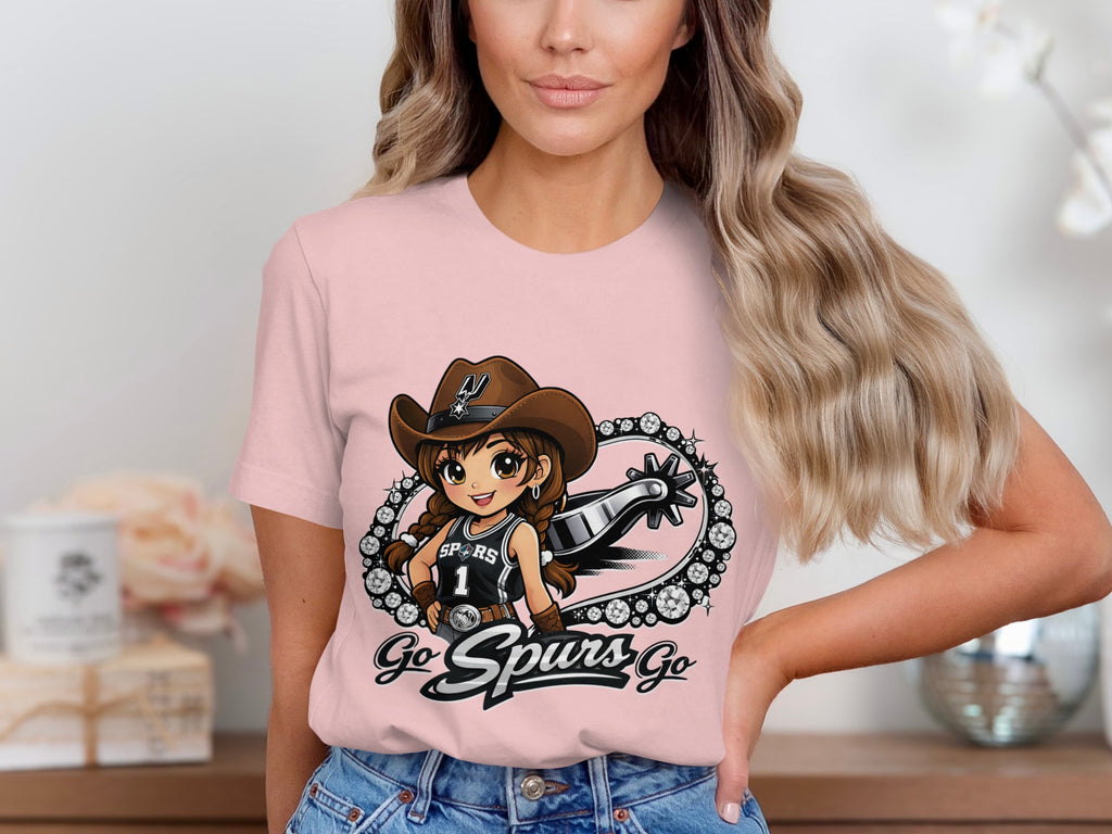 Chibi cowgirl with Spurs jersey and spur design with text "Go Spurs Go".