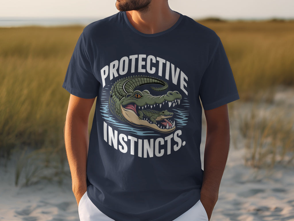 Navy t-shirt with a graphic of two alligators in water and text "PROTECTIVE INSTINCTS."