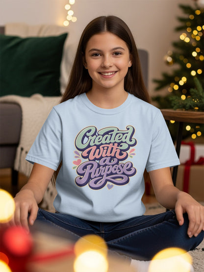 Light blue t-shirt with "Created With a Purpose" text in retro font.