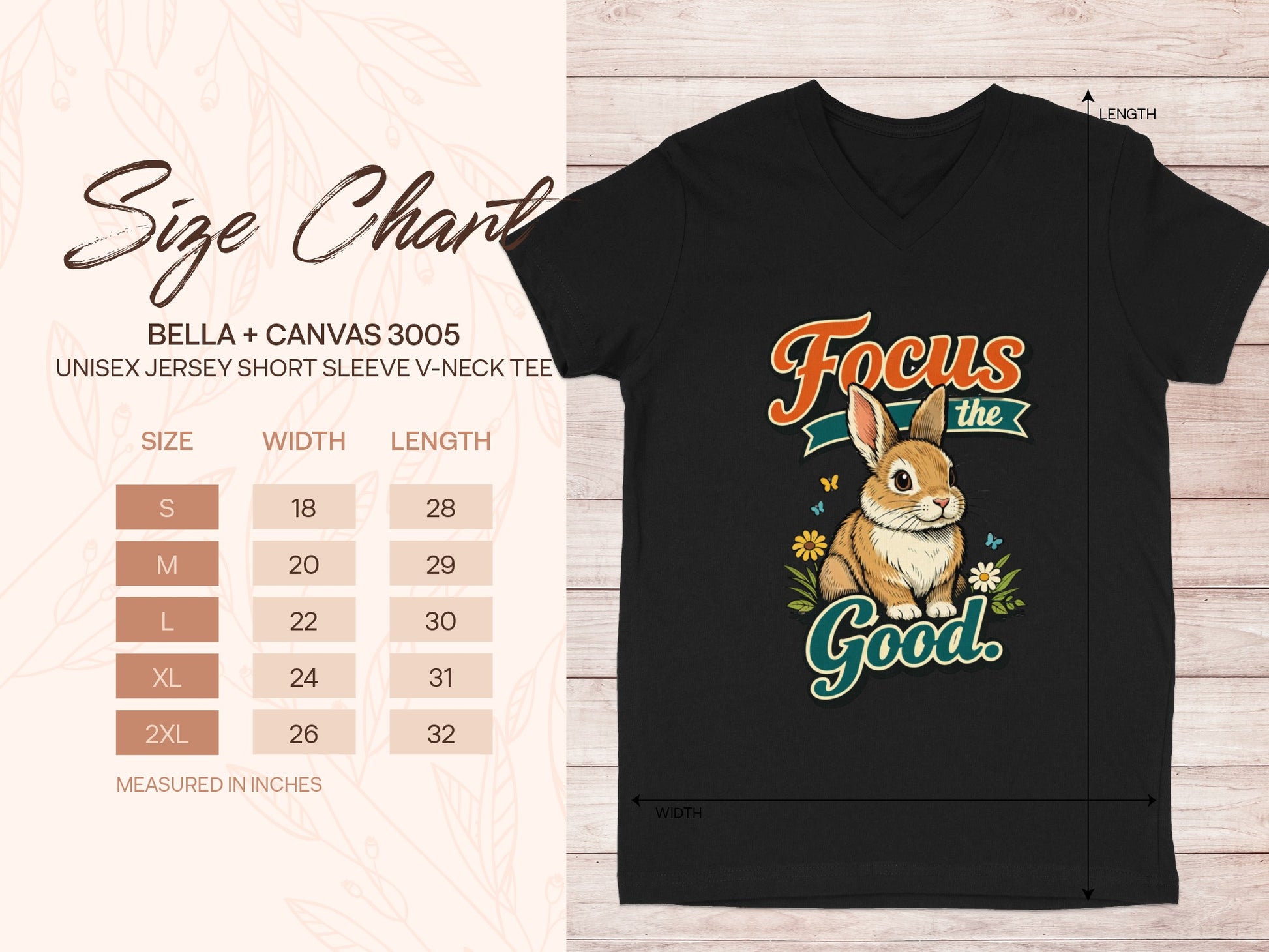 Black t-shirt with rabbit graphic and "Focus the Good" text, size chart included.