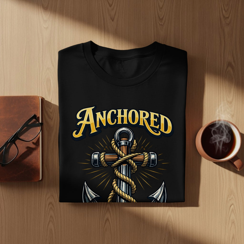 Black t-shirt with "ANCHORED" text and anchor graphic.