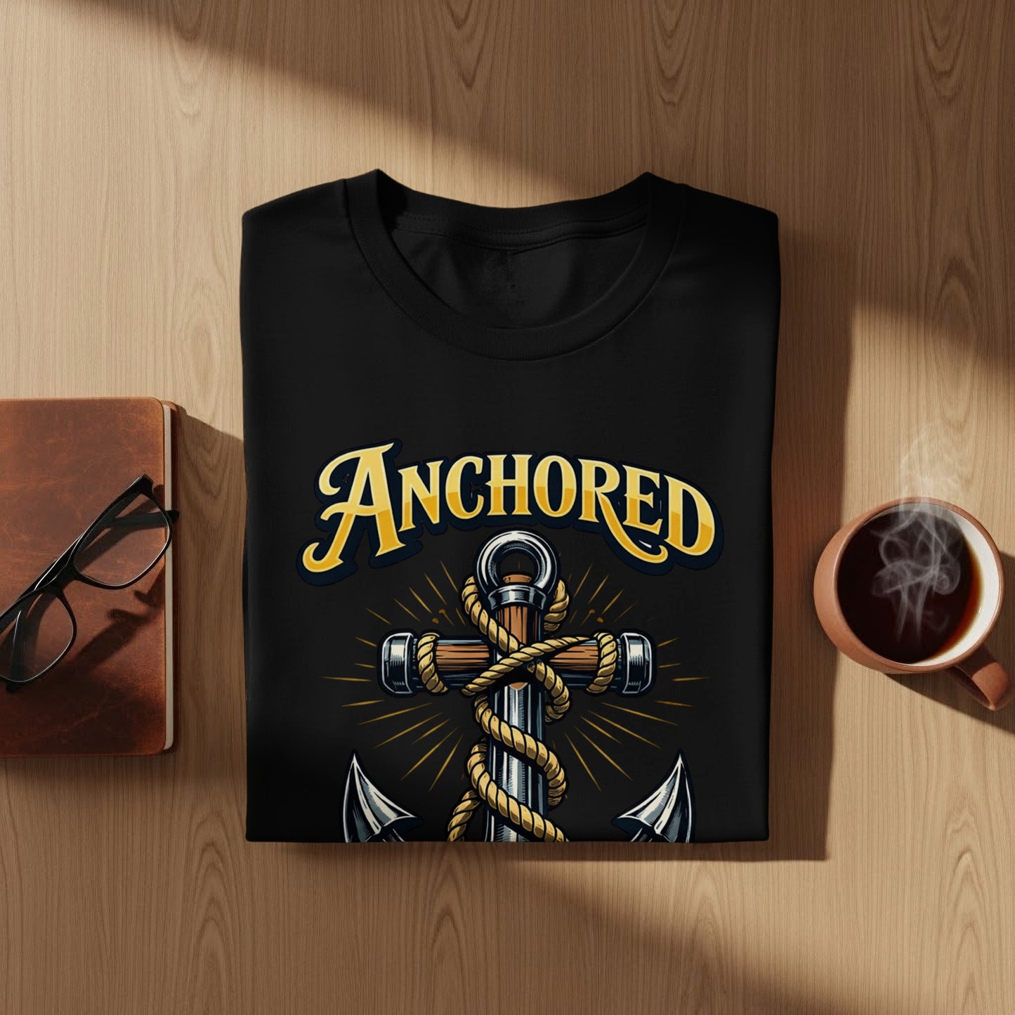Black t-shirt with "ANCHORED" text and anchor graphic.