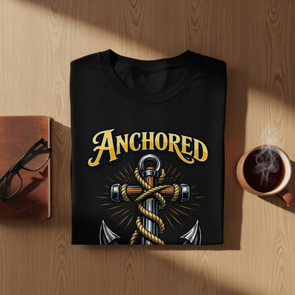 Black t-shirt with "ANCHORED" text and anchor graphic.