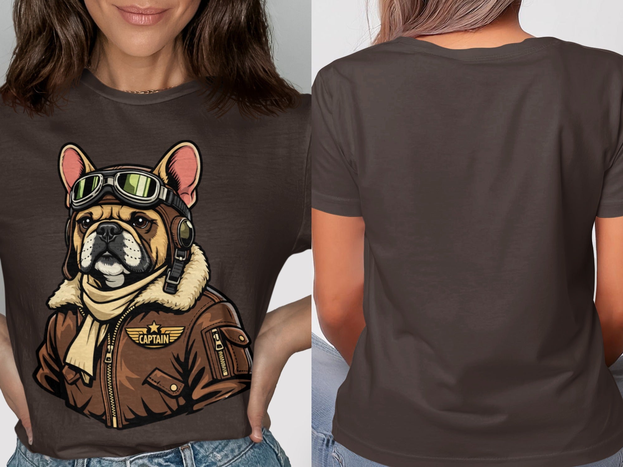 French bulldog in aviator jacket and goggles with "CAPTAIN" text.