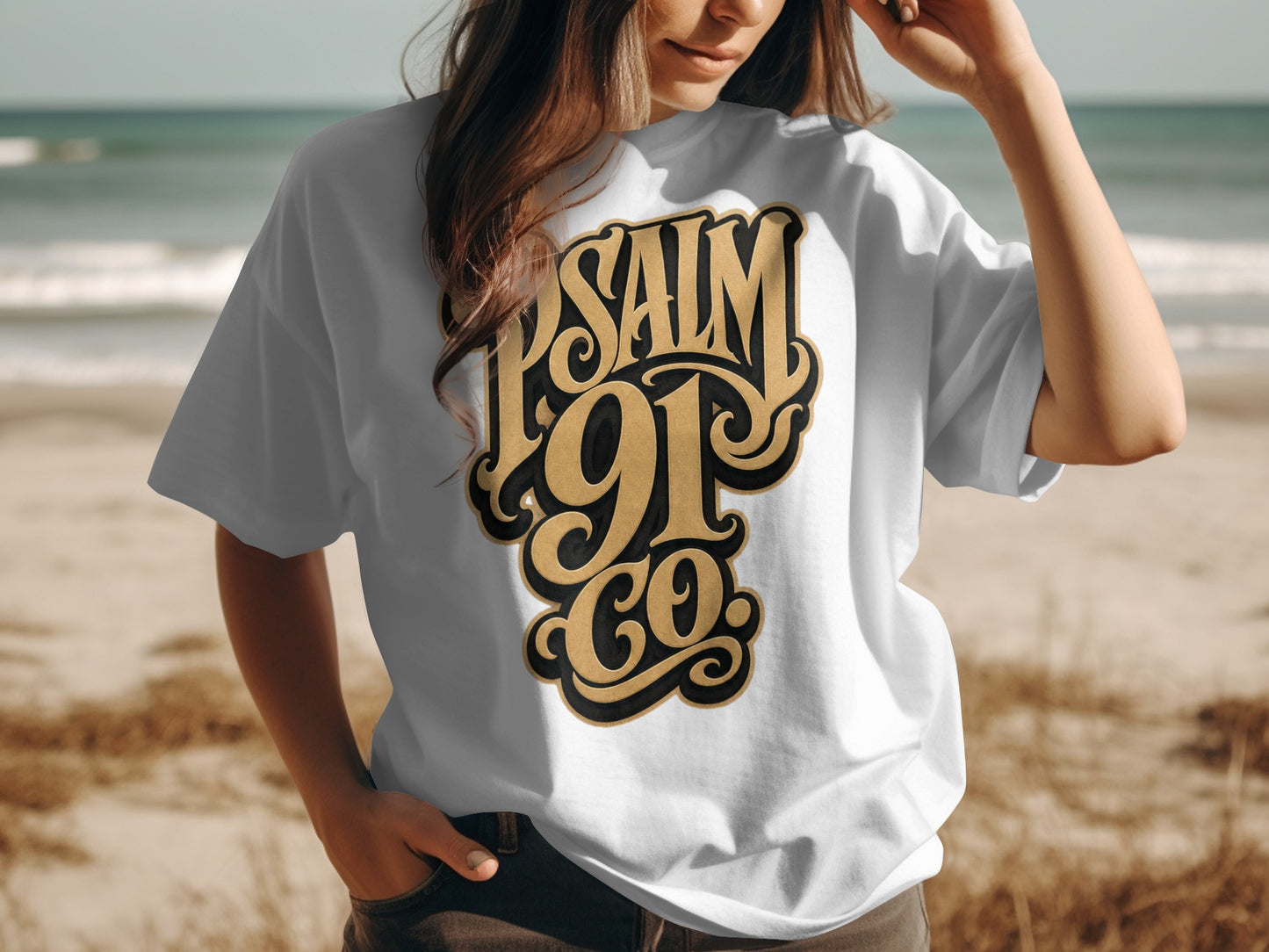 White t-shirt with gold and black text reading "PSALM 91 CO."