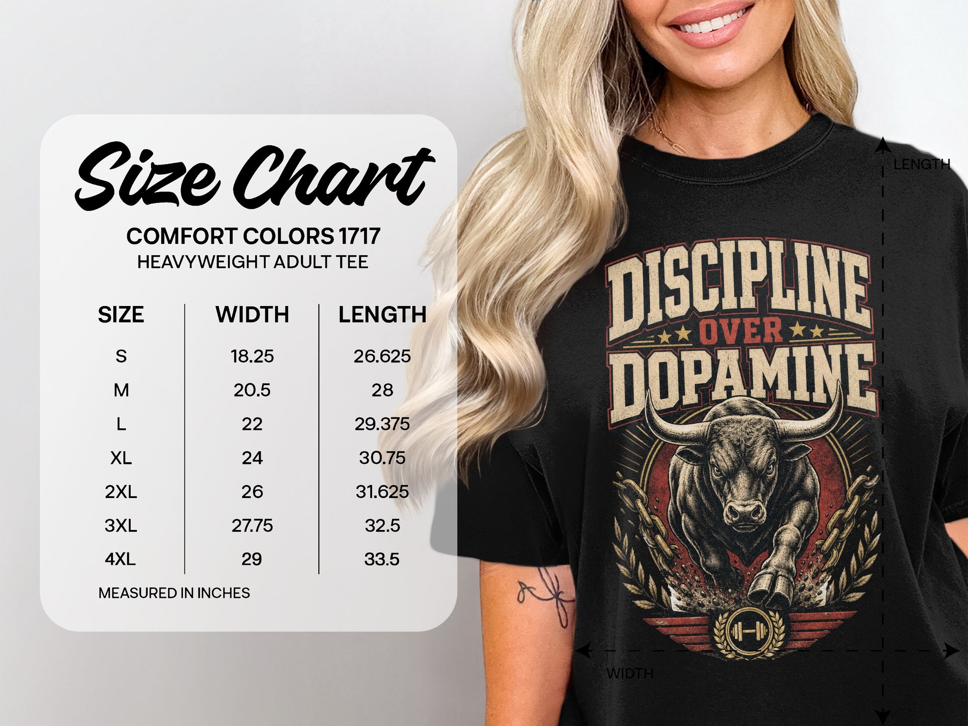 Comfort Colors 1717 heavyweight adult tee with "Discipline Over Dopamine" graphic and size chart.