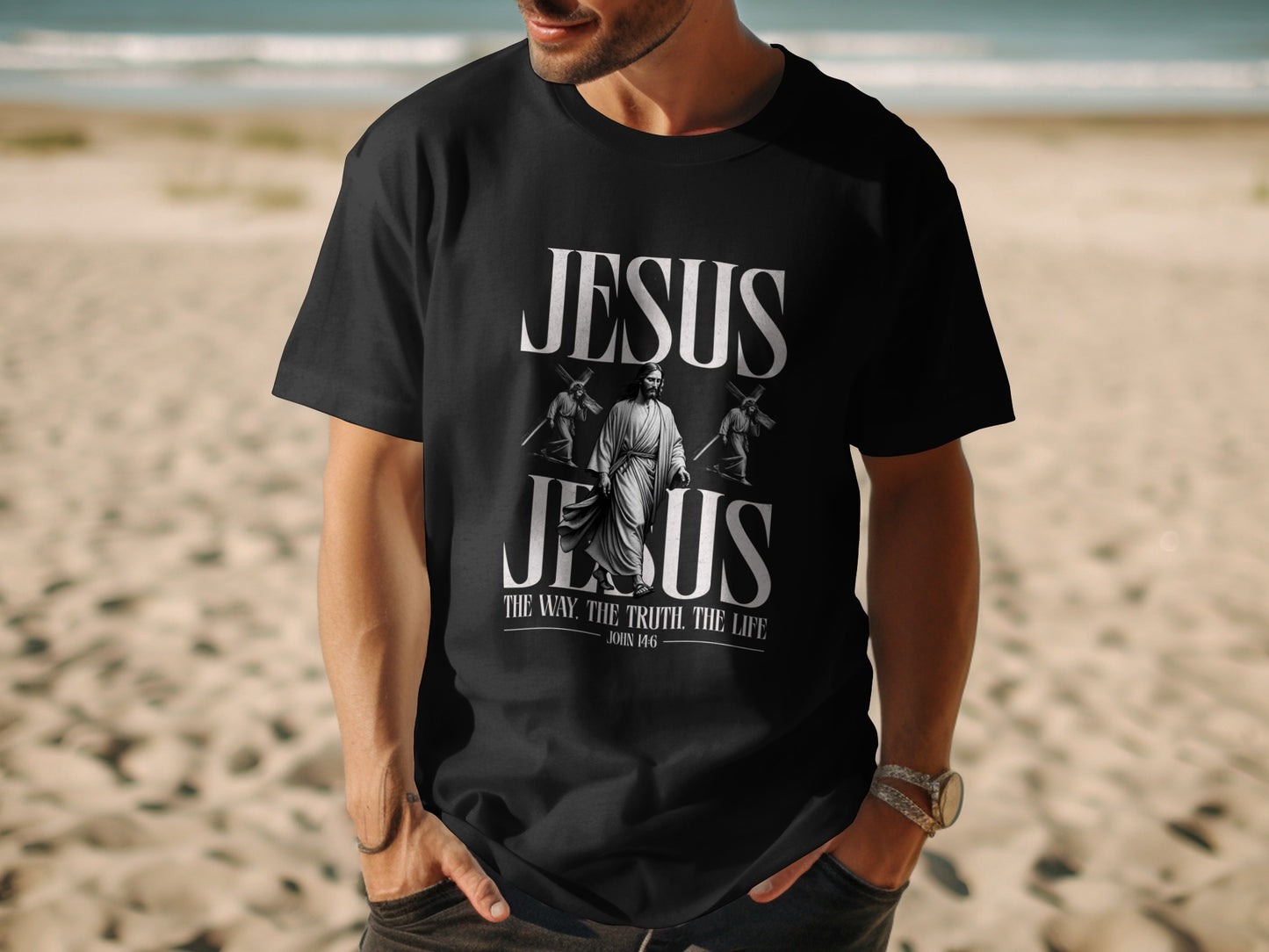Black t-shirt with "JESUS" and biblical text "THE WAY. THE TRUTH. THE LIFE."