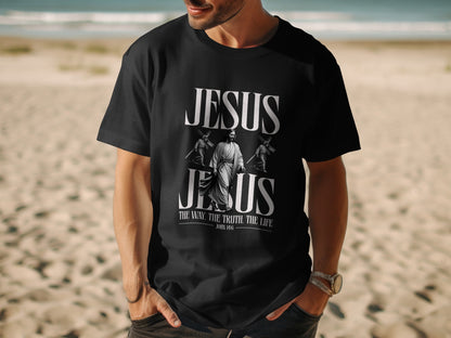 Black t-shirt with "JESUS" and biblical text "THE WAY. THE TRUTH. THE LIFE."