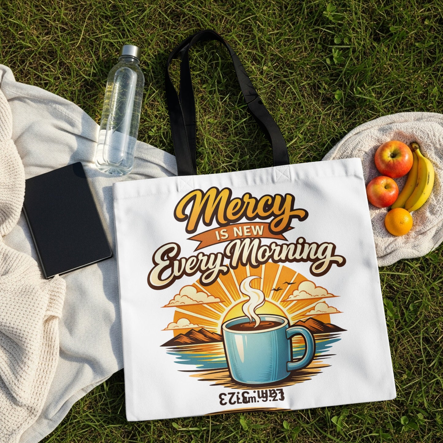 White tote bag with "Mercy Is New Every Morning" text and coffee sunrise graphic.