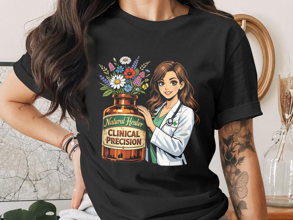 Nurse with flowers in a bottle labeled "Natural Healer CLINICAL PRECISION"