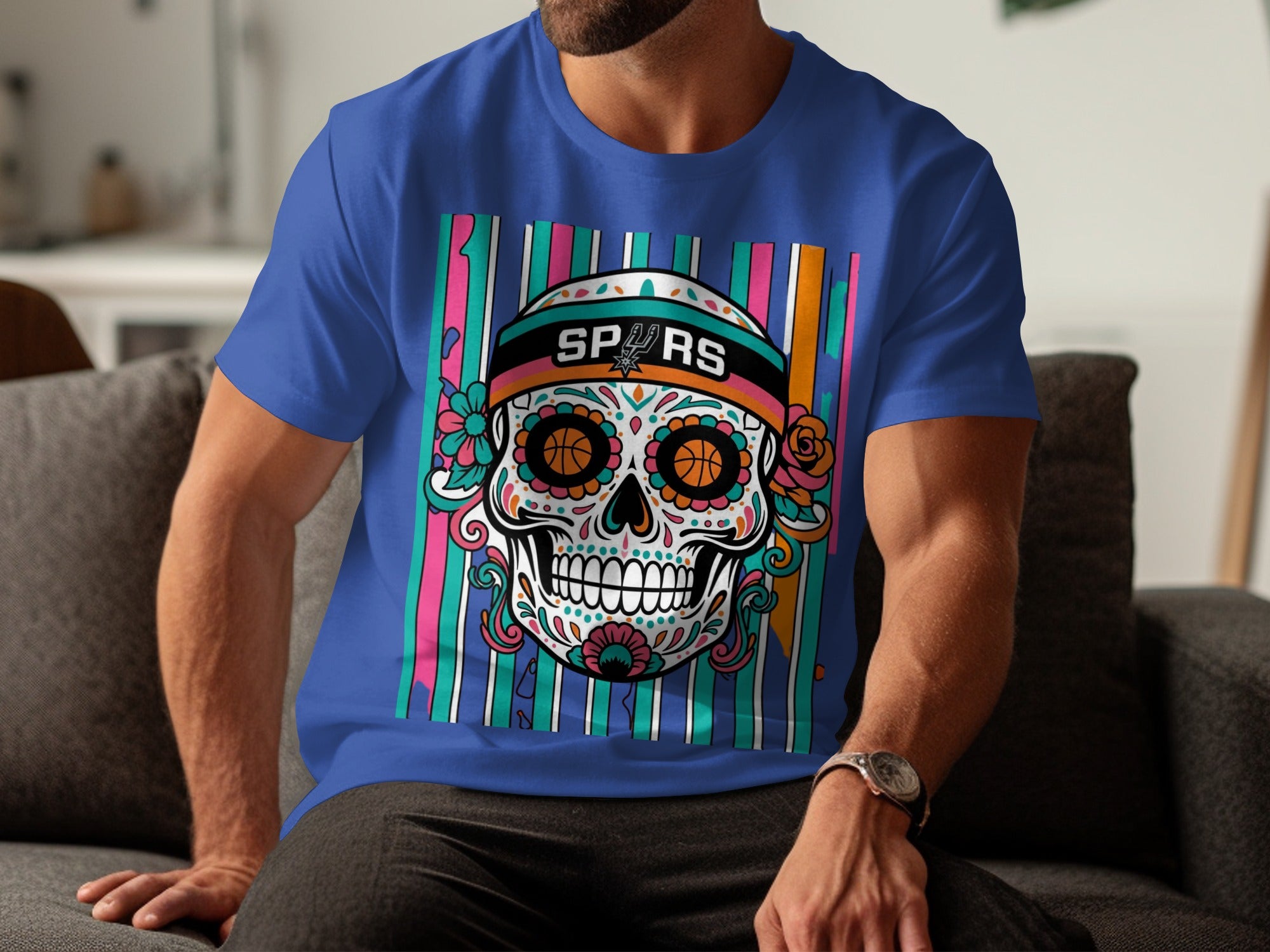 San Antonio Spurs-themed sugar skull design on a blue t-shirt.