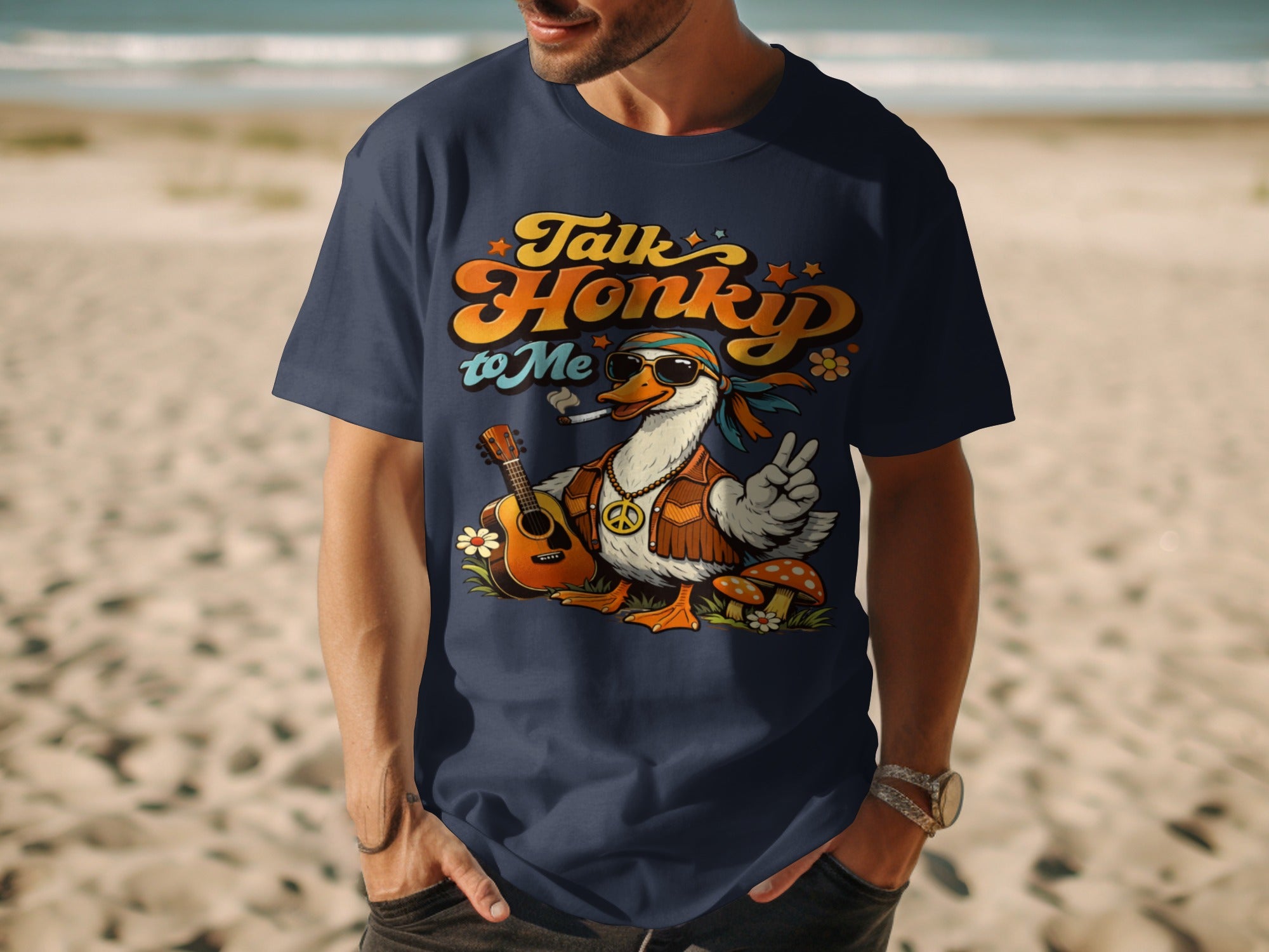 T-shirt with a cartoon duck wearing sunglasses, smoking, playing guitar, and peace signs.