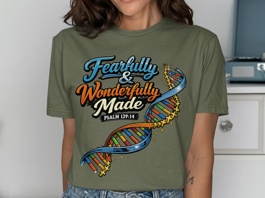 Green t-shirt with "Fearfully & Wonderfully Made" and a colorful DNA strand.