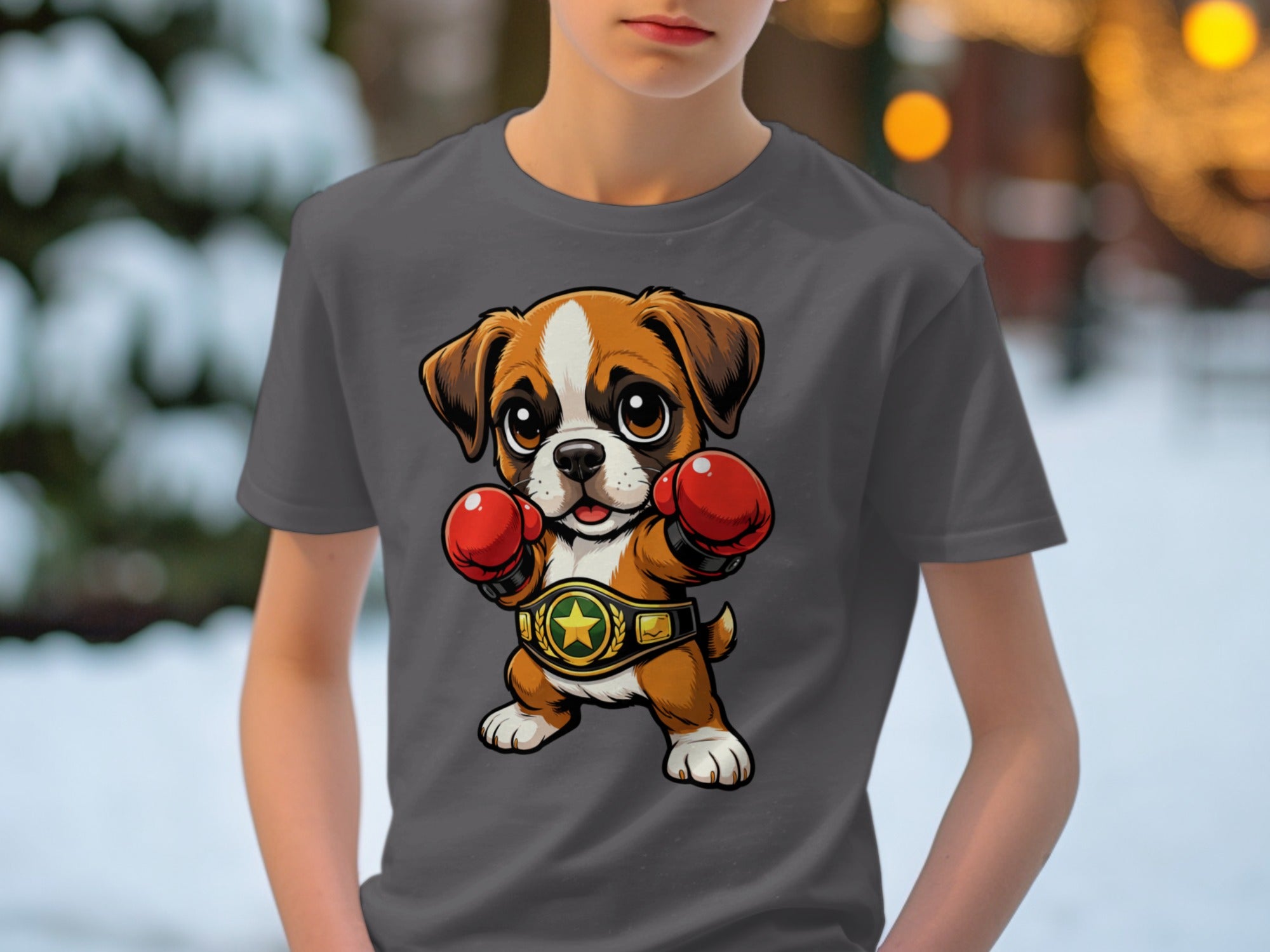 Cartoon boxer dog wearing red gloves and champion belt on a dark grey t-shirt.
