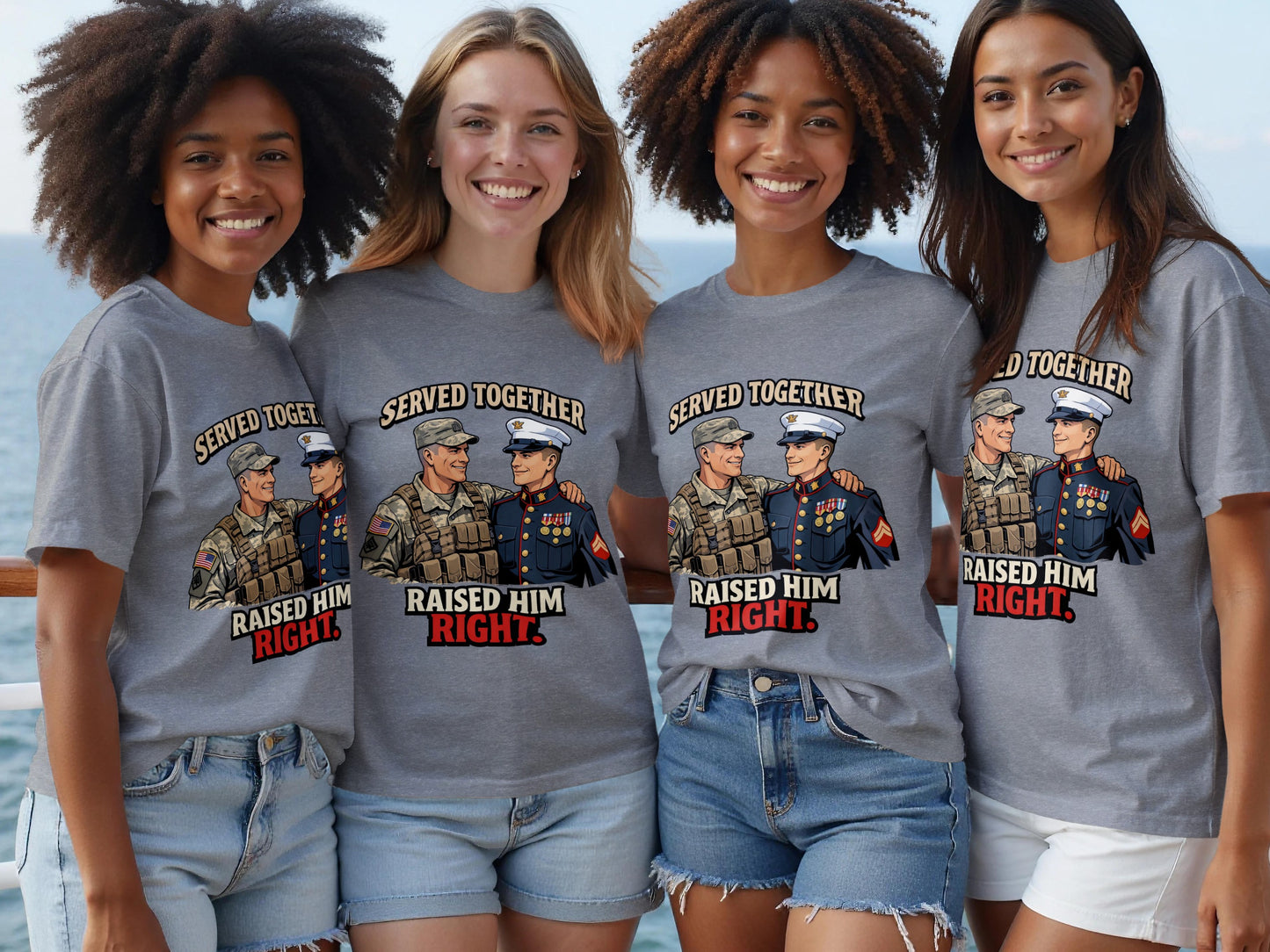 Four women in gray t-shirts featuring military art and text.