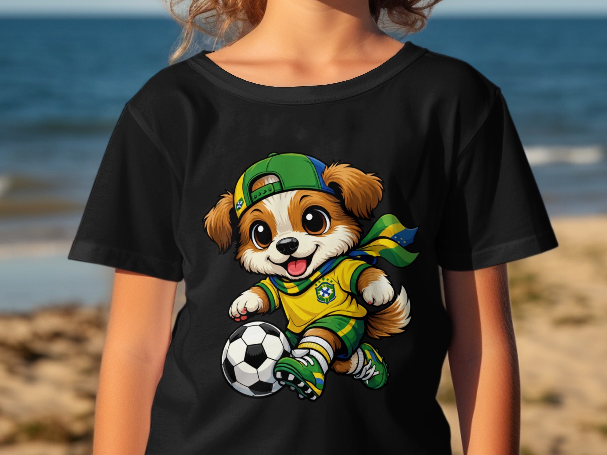 Cartoon dog in a soccer uniform, wearing a baseball cap, dribbling a soccer ball.