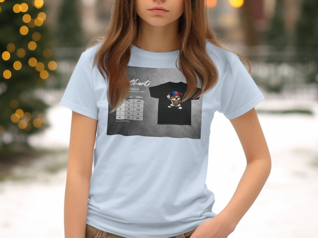 T-shirt with cartoon bulldog graphic and size chart featuring youth sizes.