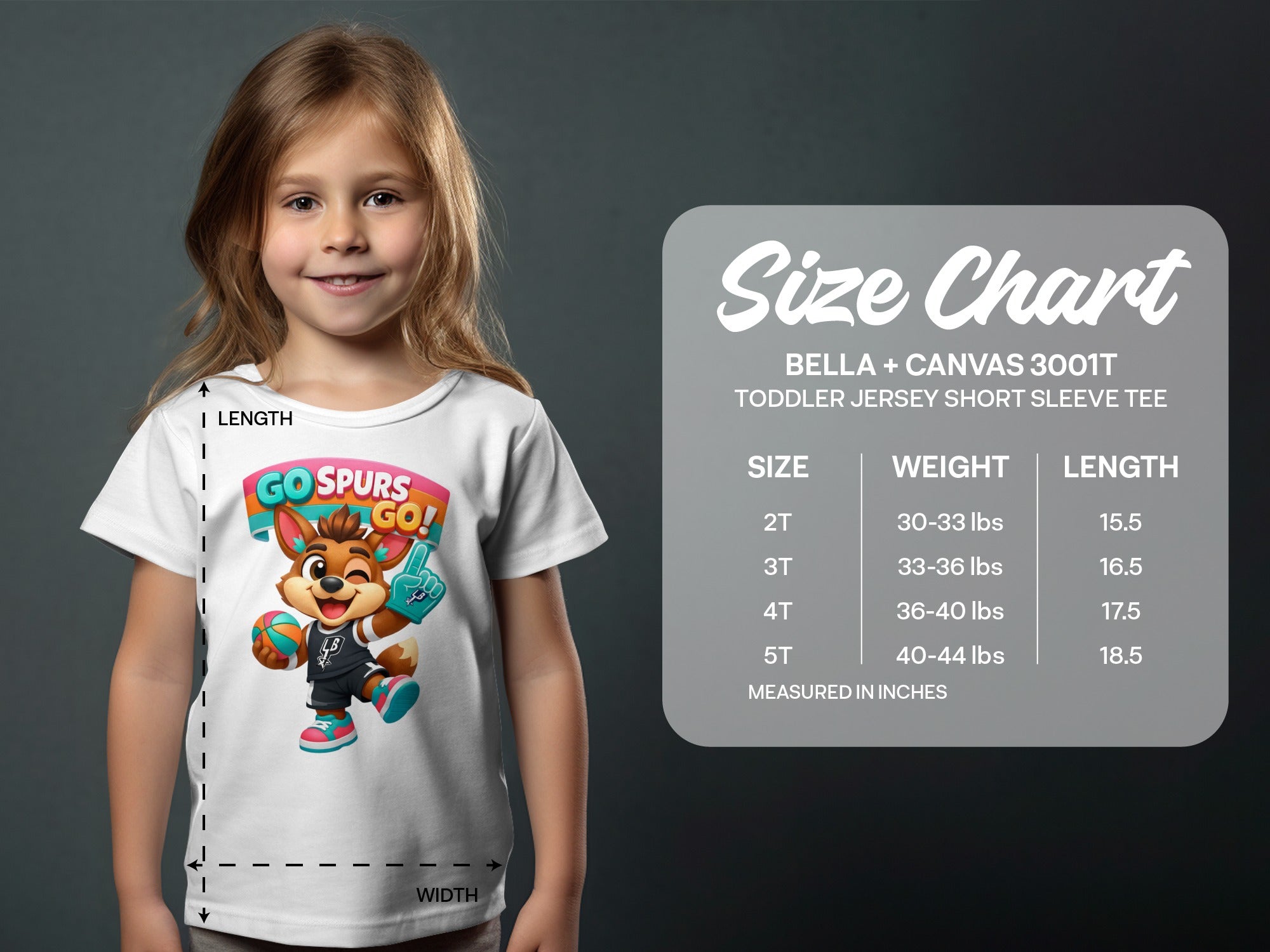 Toddler size chart for Bella + Canvas 3001T jersey tees.