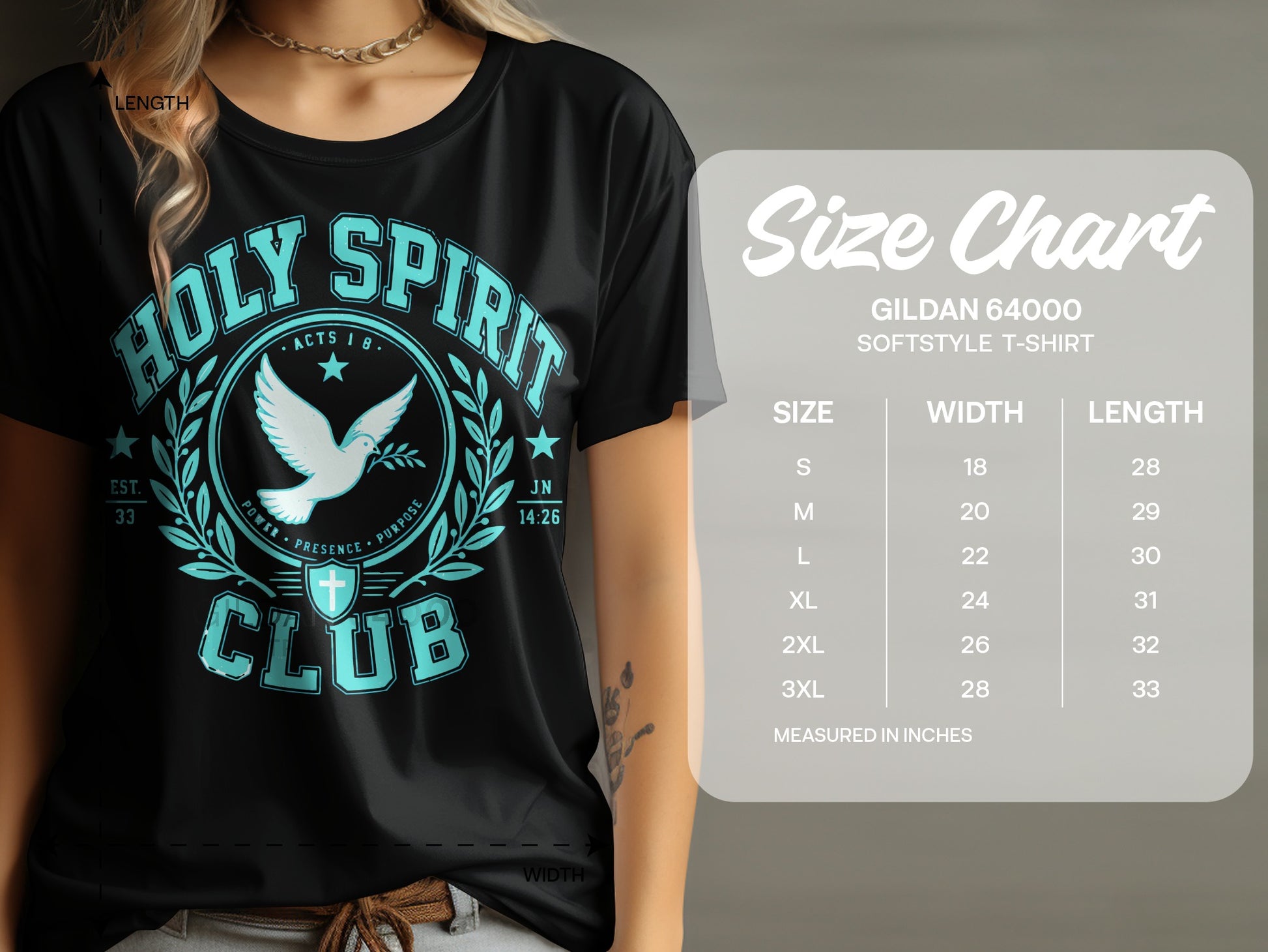 Black Gildan 64000 t-shirt with "Holy Spirit Club" graphic and size chart.