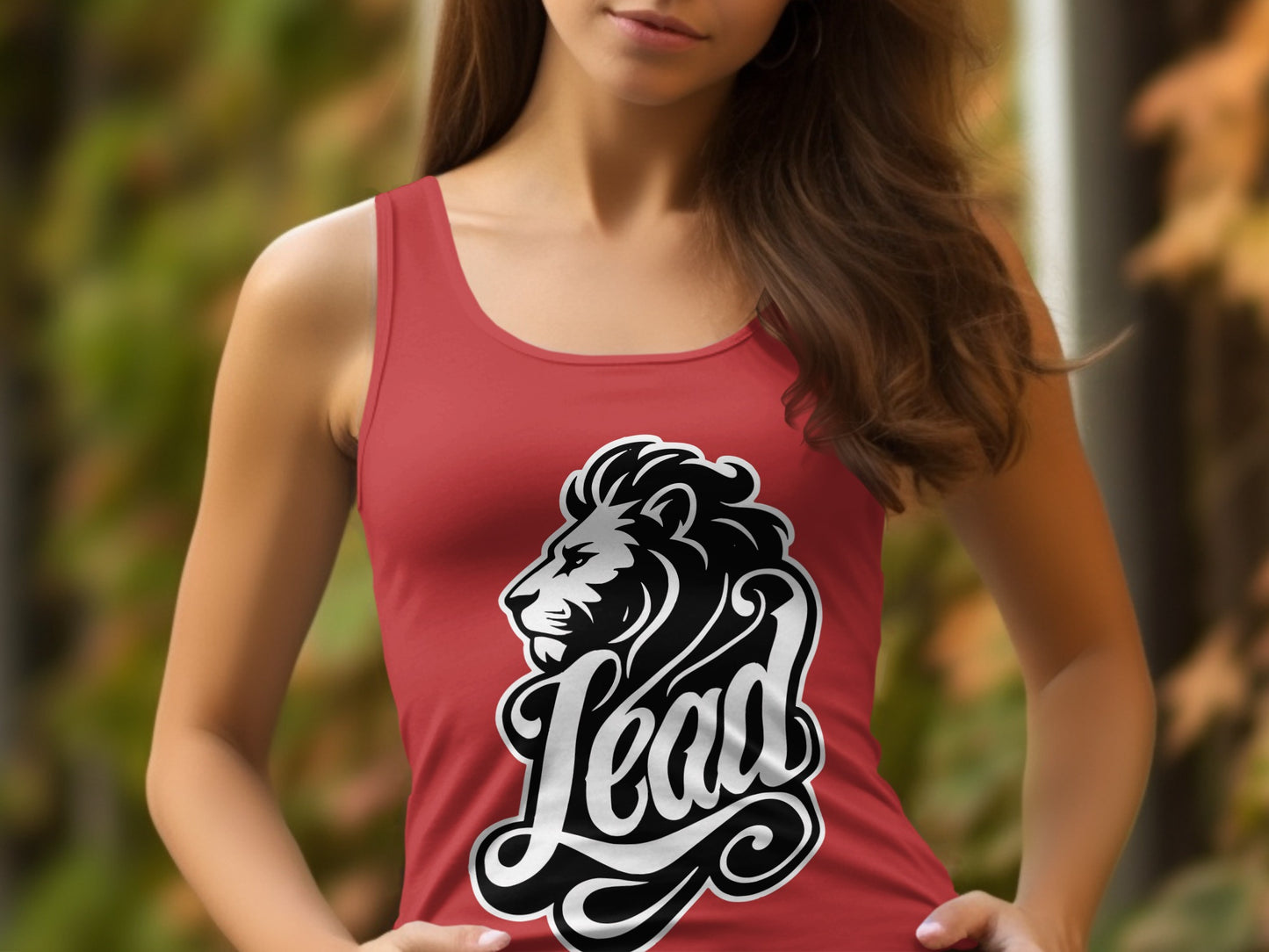 Red tank top with a black and white lion head and "Lead" text design.