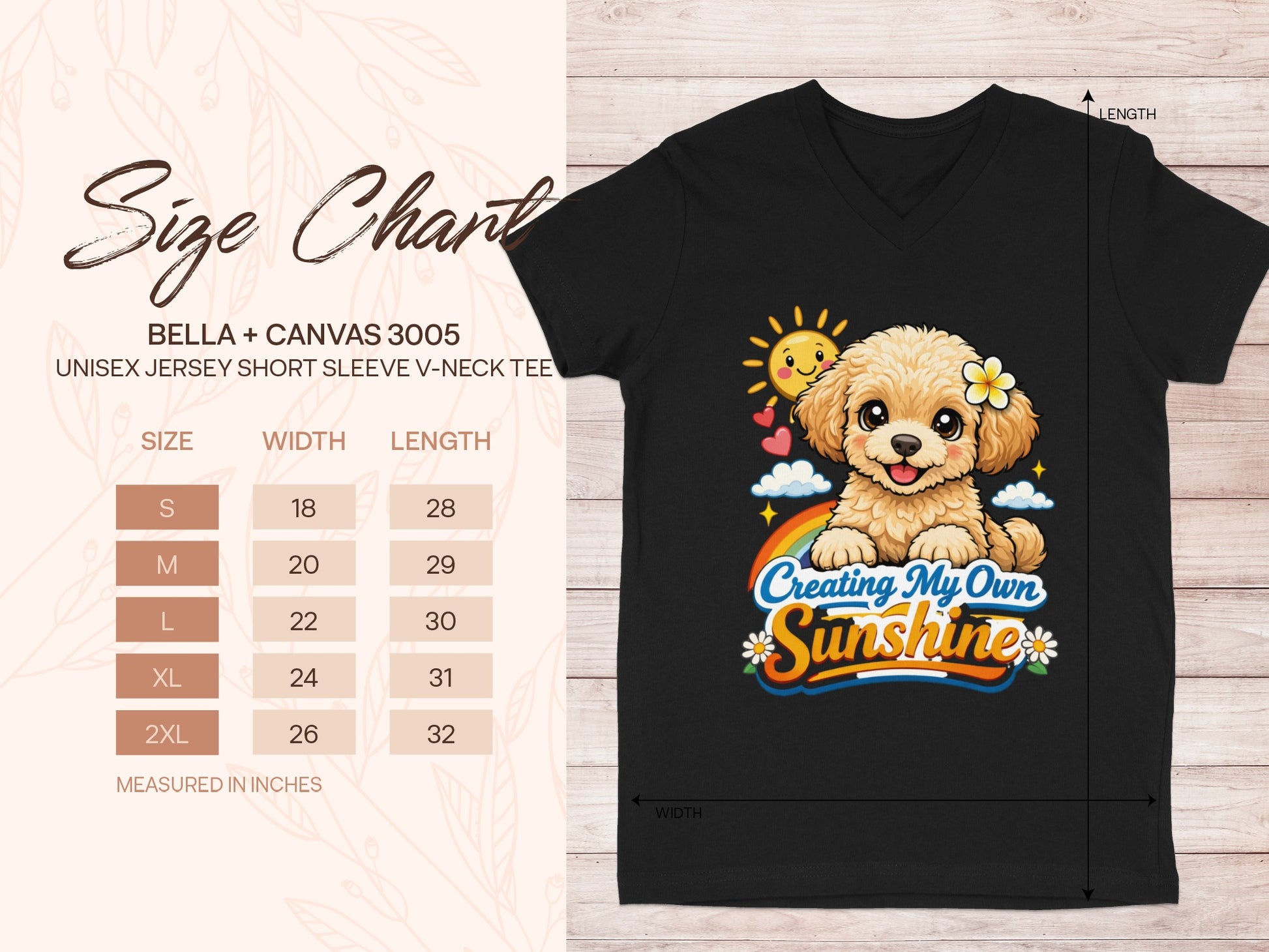 Black v-neck tee with "Creating My Own Sunshine" graphic and size chart.